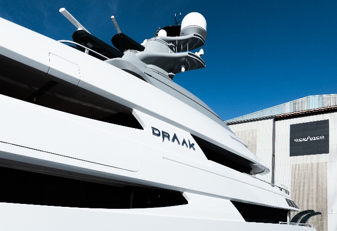 Draak’s name on the superyacht exterior at Oceanco